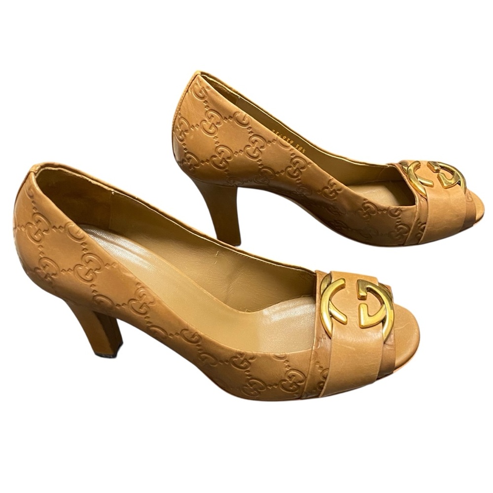 Gucci Caramel Guccissima Interlocking G Open Toe Pumps - Picture 4 of 8